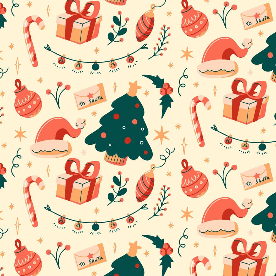 Navidad, árboles, gorros, estrellas, sobres, luces, cartas, luces, lazos.