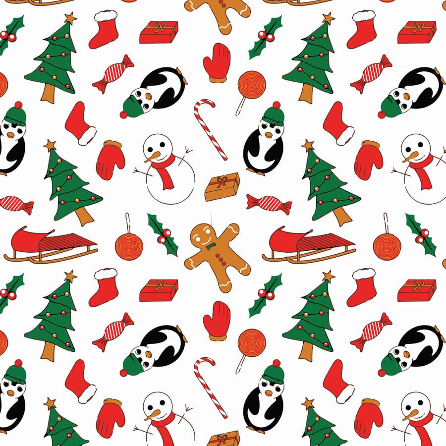 Navidad, galleta de muñeco, guantes, árboles de navidad, regalos, dulces, bolas.