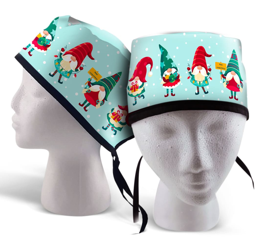 Navidad, Santa Claus, gorros navideños, copos de nieves, regalos.