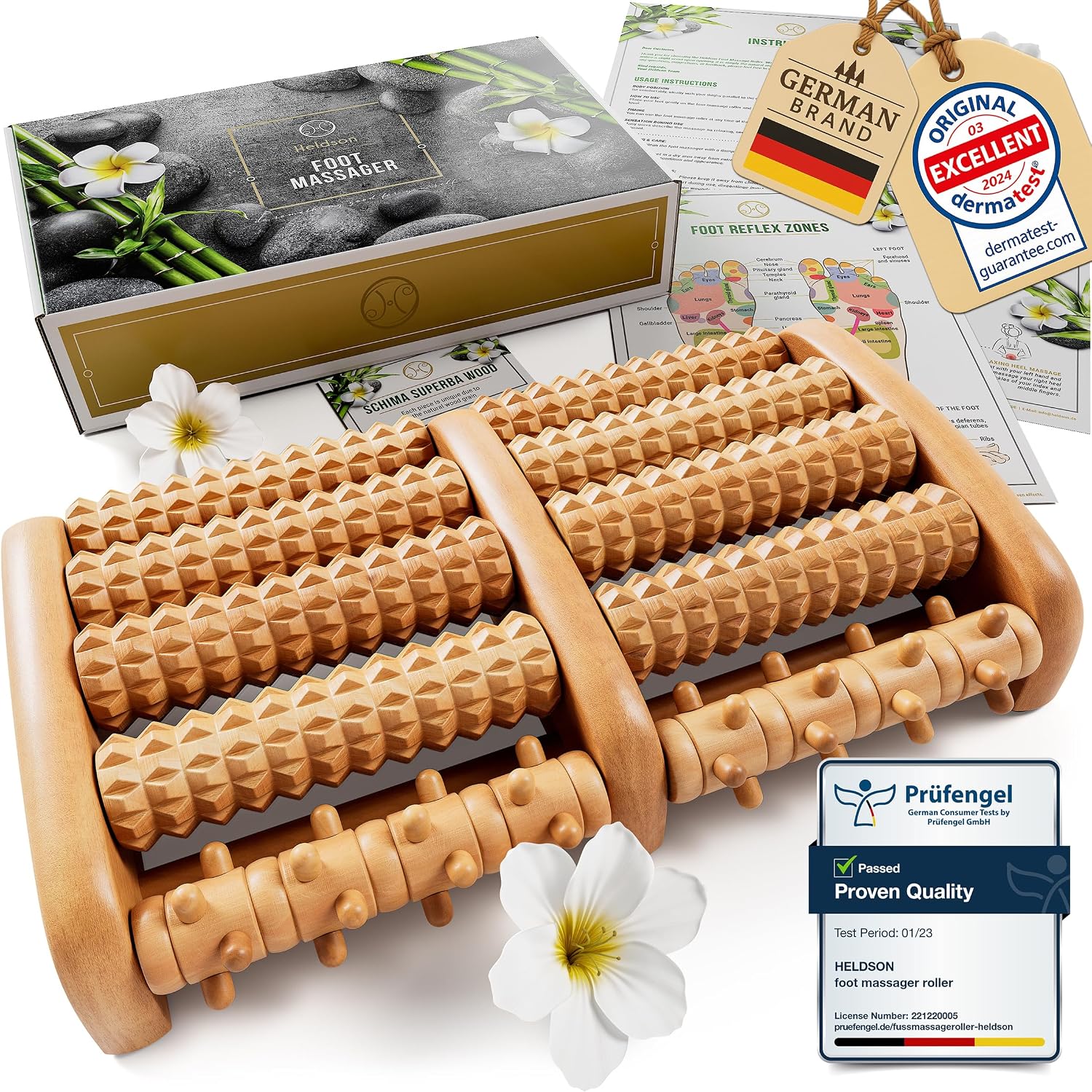HELDSON® Foot Roller Massager Plantar Fasciitis Pain Relief - Wooden Under Desk Feet Massage - Dual Manual Heel Massagers - Wood Rolling Acupressure Tool with Reflexology Guide - Gift for Men, Women image