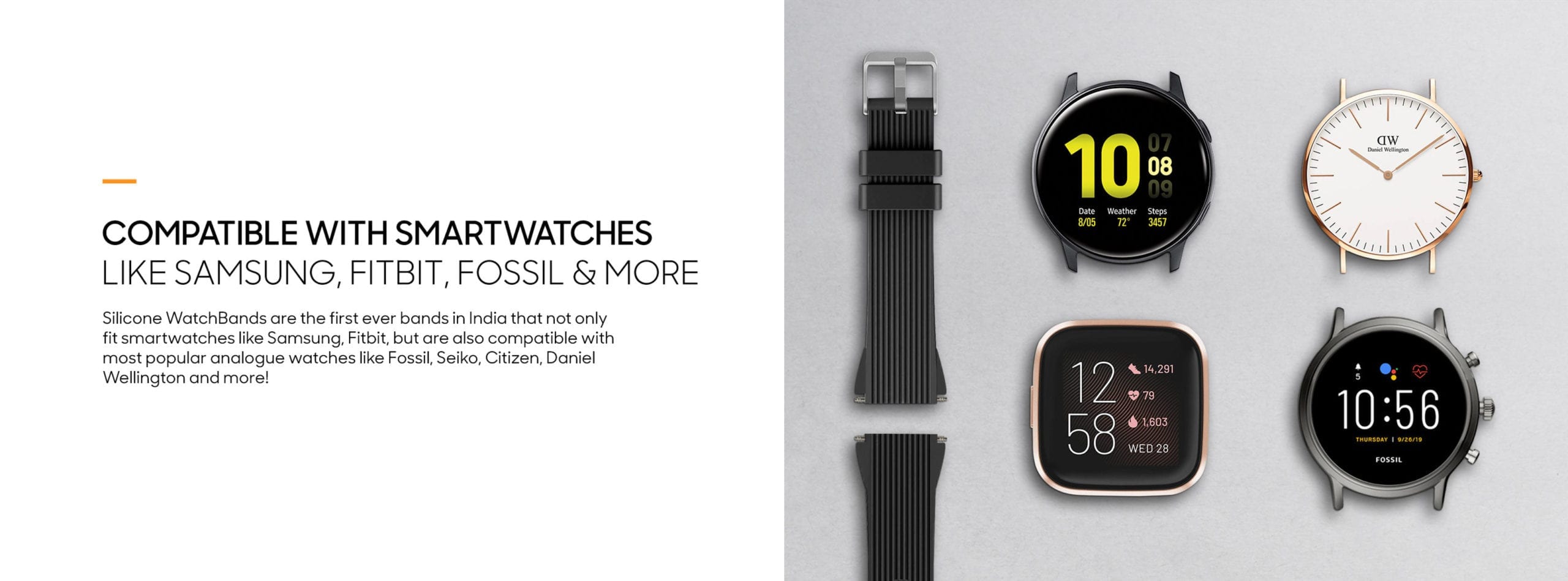 Black Silicone Universal WatchBand for Samsung, Huawei Smart Watches | Klippik | Online SHopping 