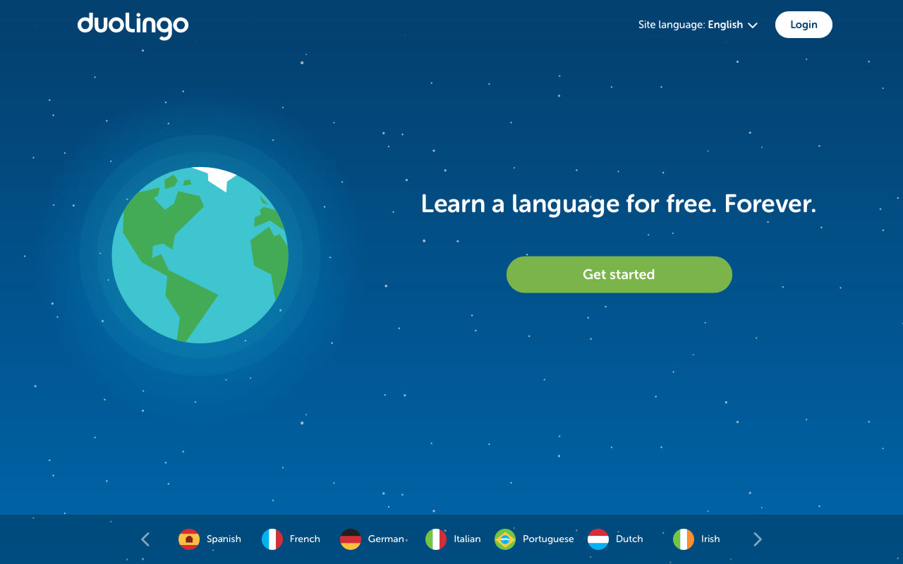 A screen capture of the Duolingo web app showing a splash screen with a 'get started' button.