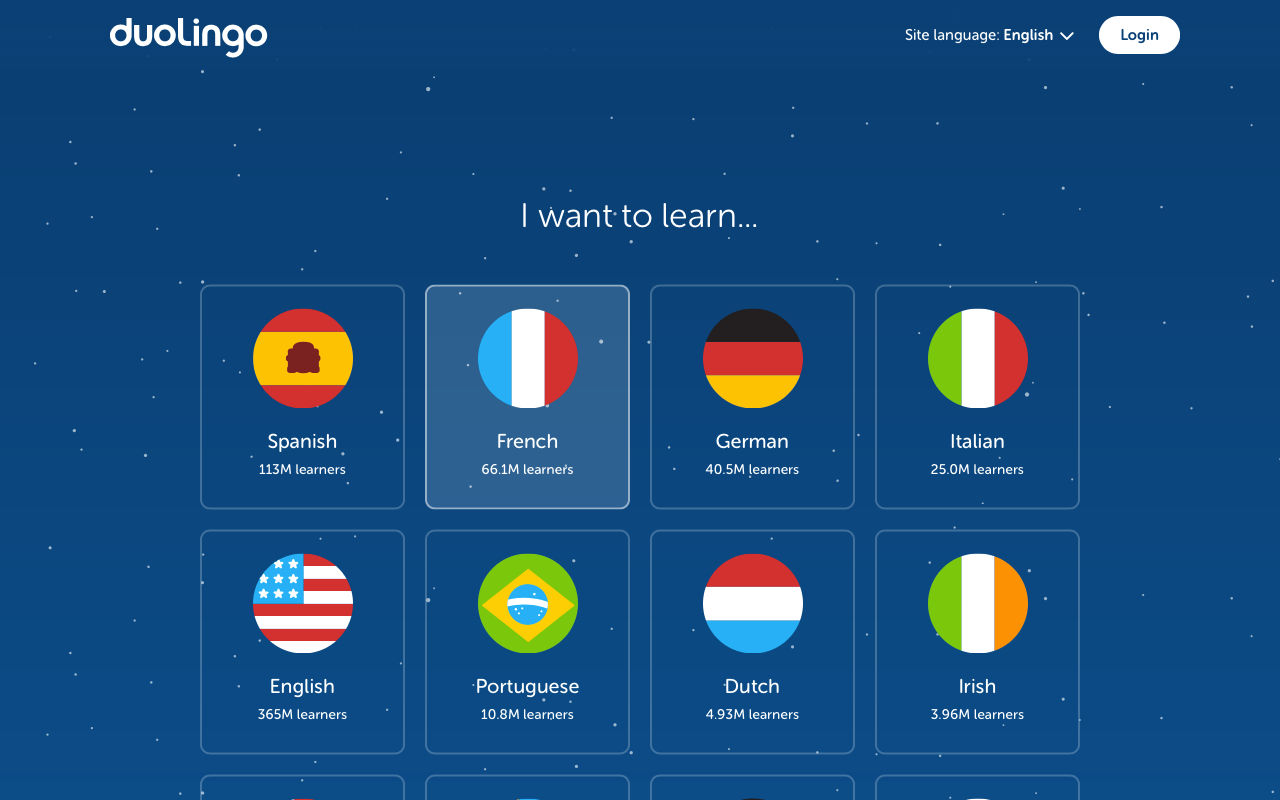 A screen capture of the Duolingo web app showing buttons to choose a language.