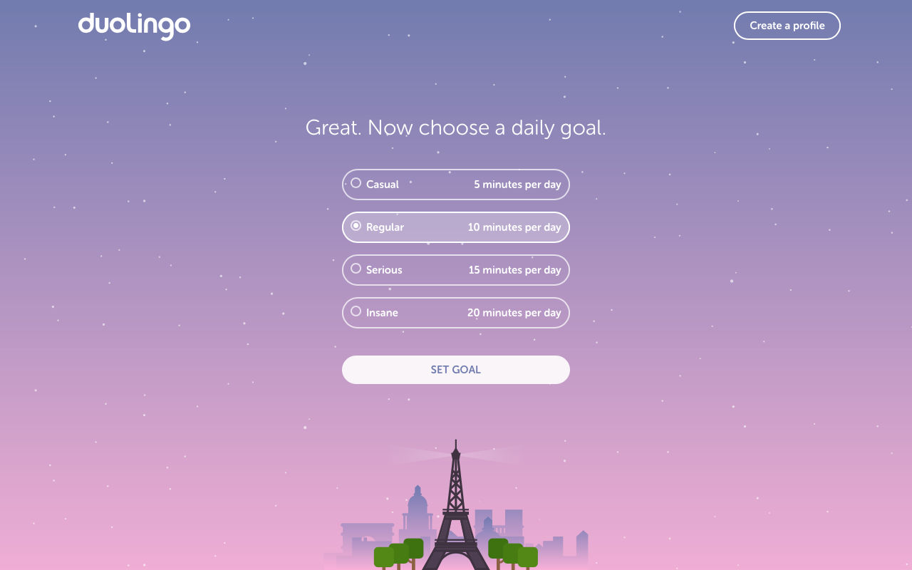 A screen capture of the Duolingo web app showing four 'goal' buttons, from 5 to 20 minutes a day.