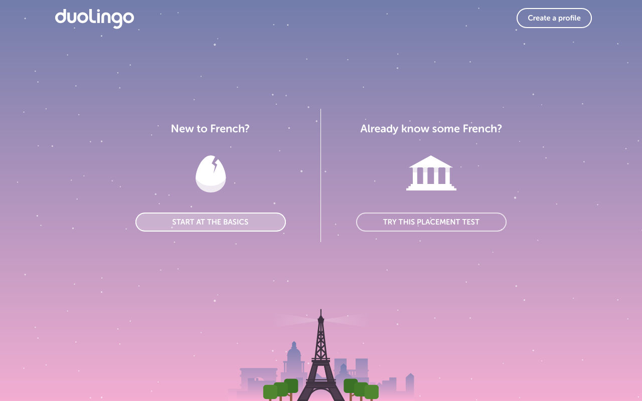 A screen capture of the Duolingo web app showing 2 buttons to choose to start with the basic or take a placement test.