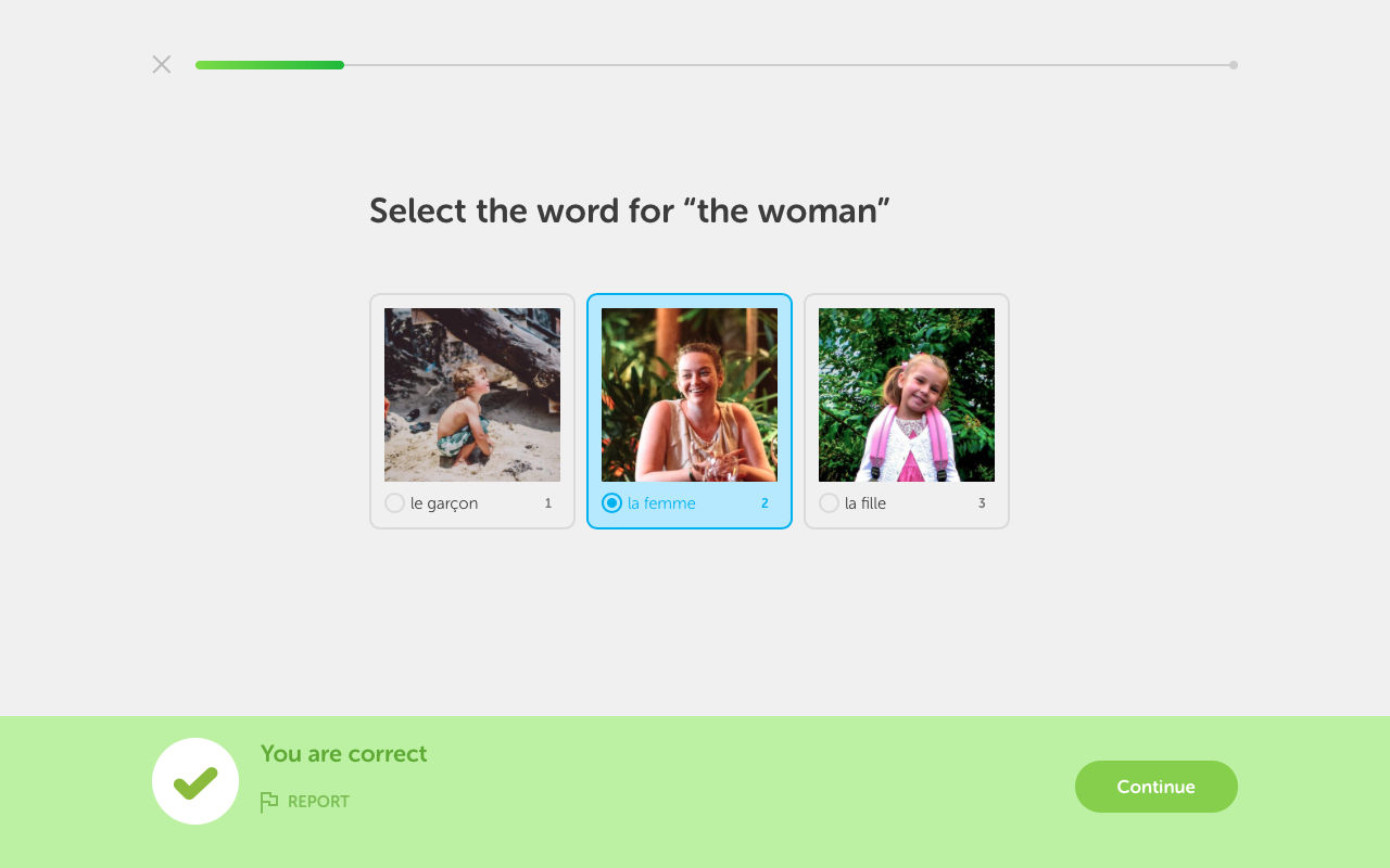 A screen capture of the Duolingo web app showing that the correct image has been chosen.