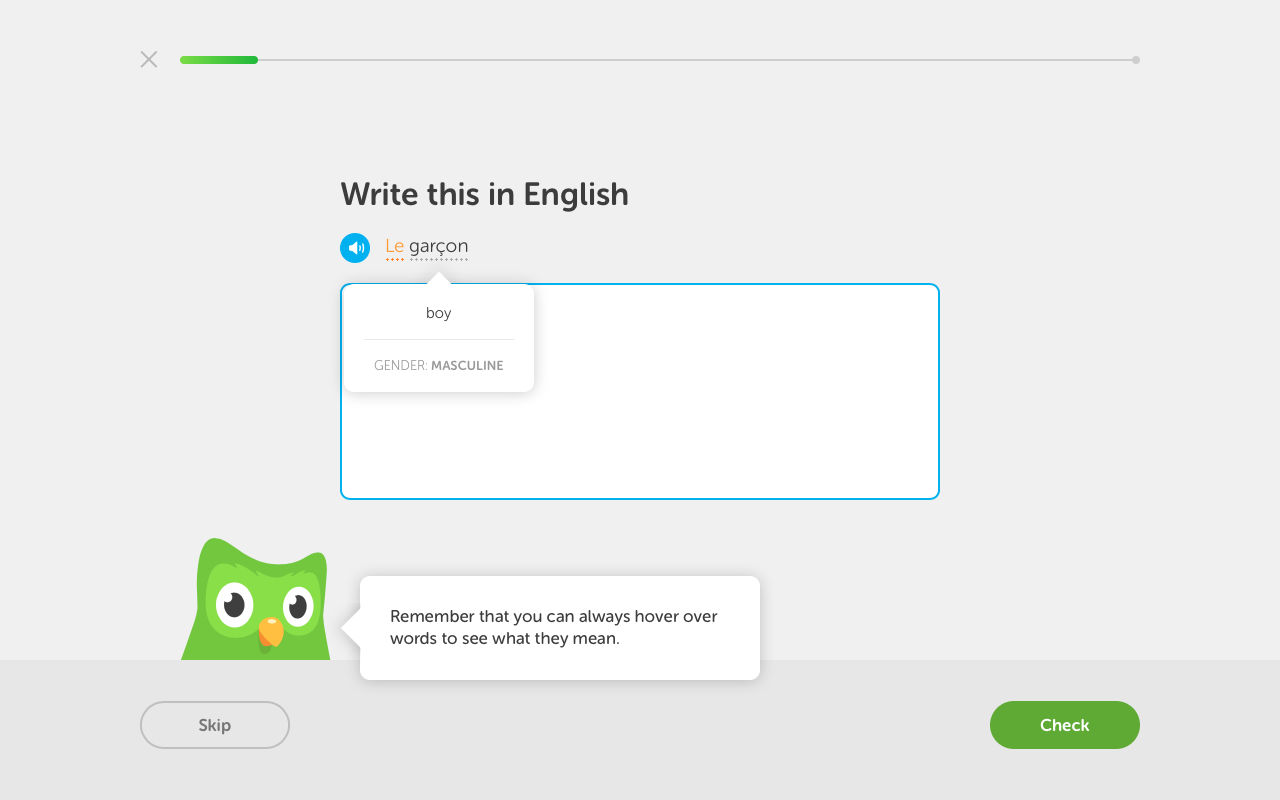 A screen capture of the Duolingo web app showing a text entry field in which to type the English equivalent of 'Le Garcon'.