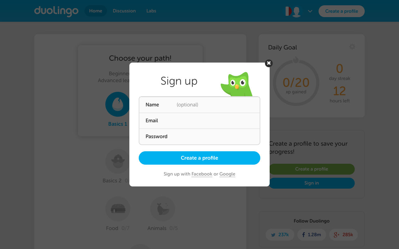 A screen capture of the Duolingo web app showing a sign-up modal.