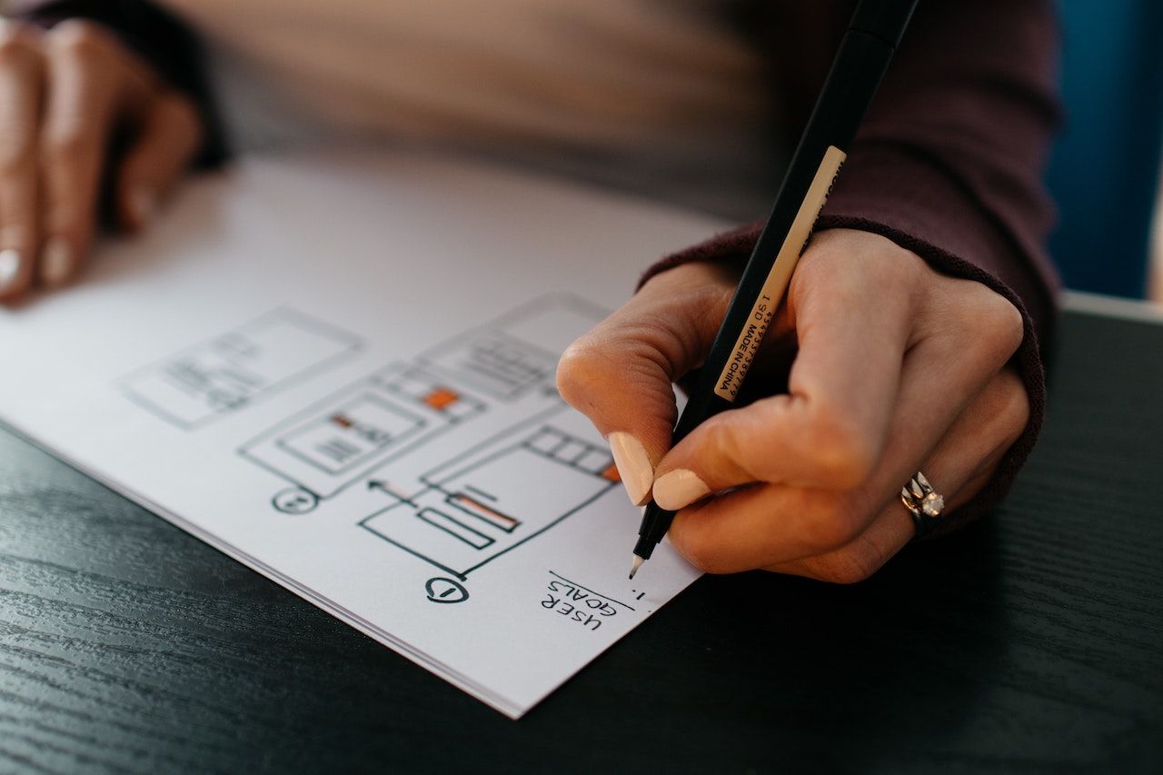 The hand of someone sketching a sequence of interface elements in a wireframe style.