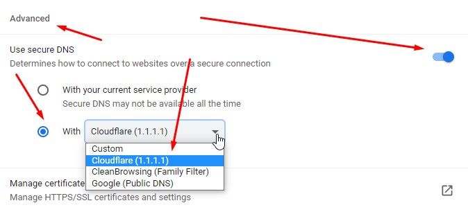 Buka Fitur Use Secure DNS