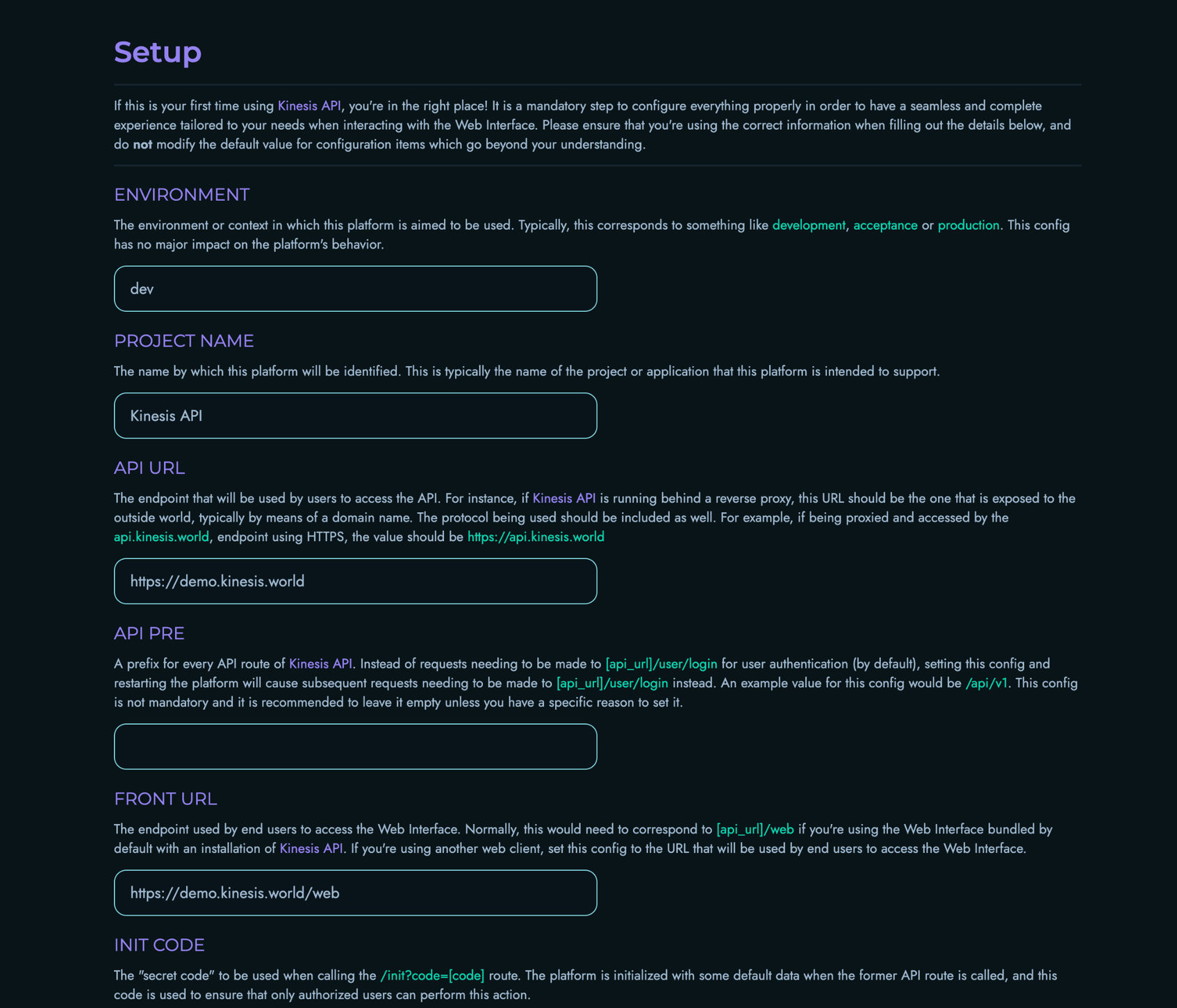 Setup Screen
