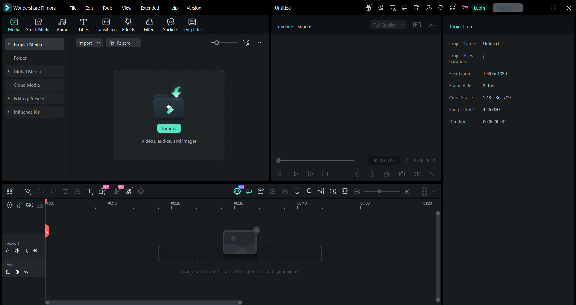 Filmora project media panel in video editing software