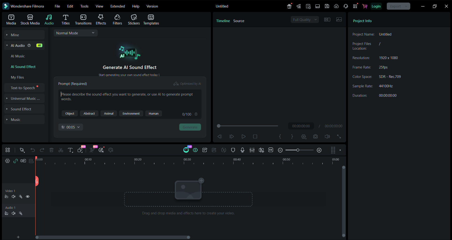 Filmora sound effects panel for YouTube video editing