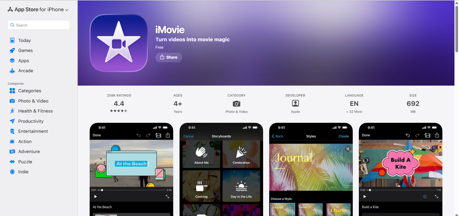 iMovie App Store screenshot - simple free video editing software for Mac