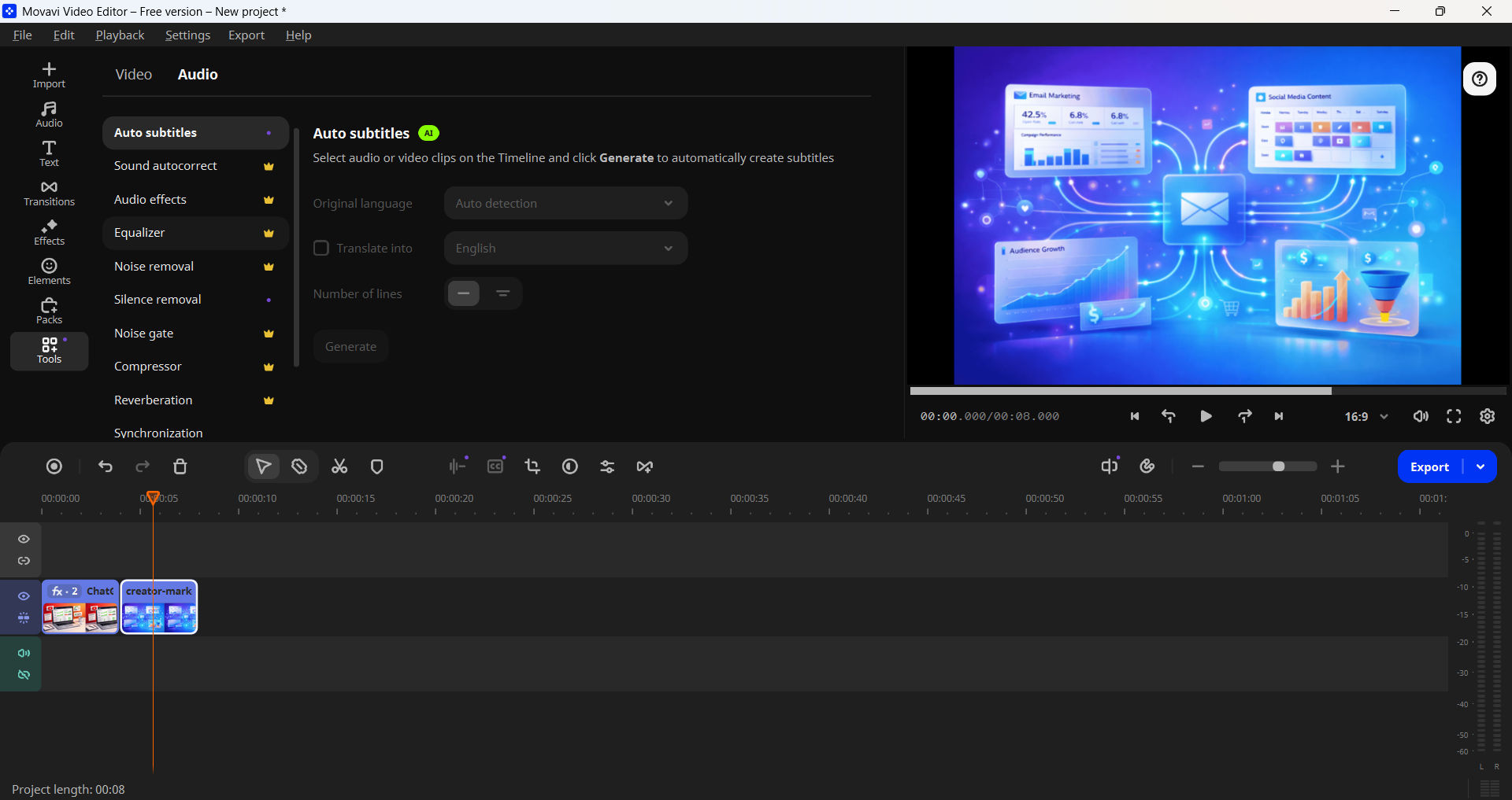 Movavi audio tools for YouTube video sound editing
