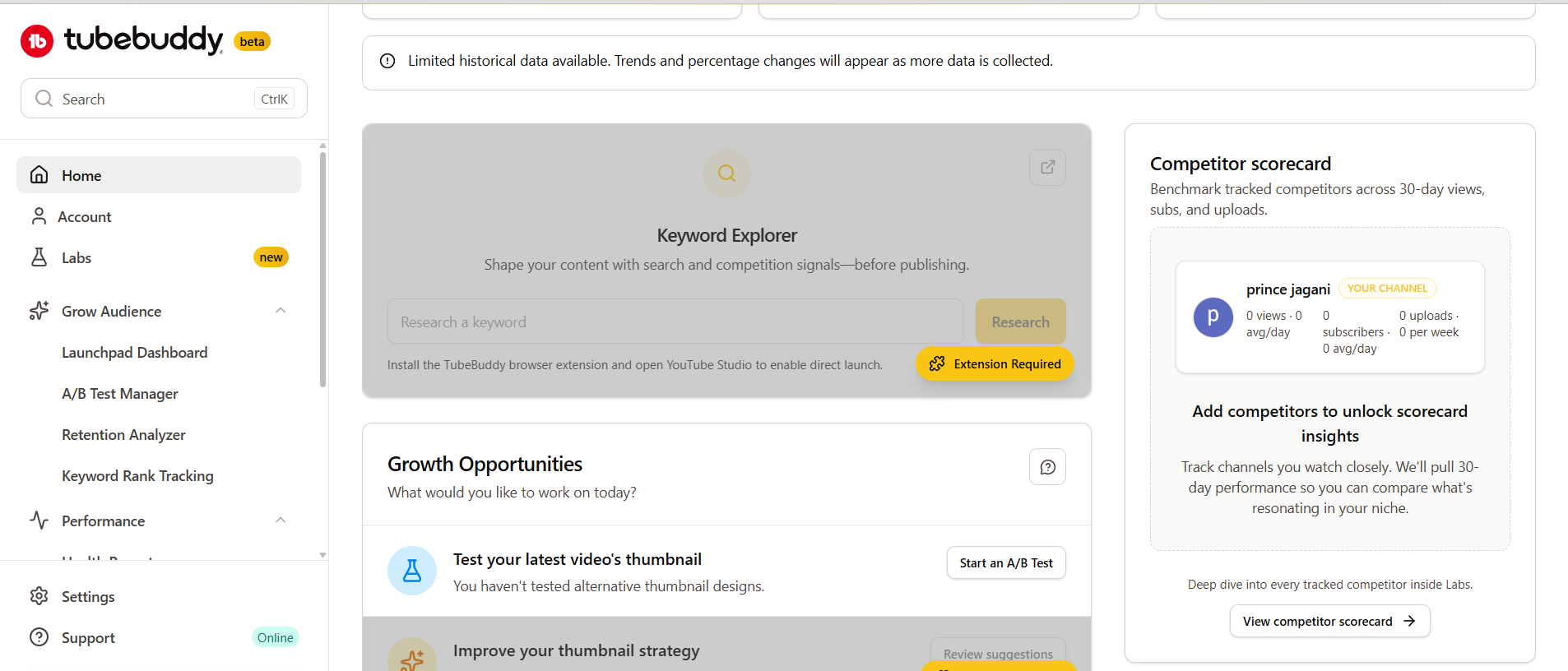 TubeBuddy extension features overview and main interface - youtube analytics tools
