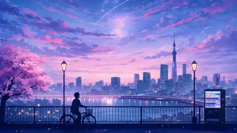 Twilight Cityscape With Cherry Blossoms wallpaper