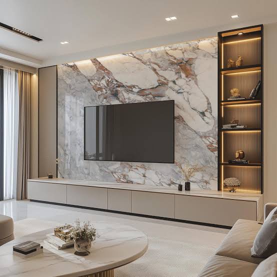 TV Wall Unit With Marble And PVC Panel Design