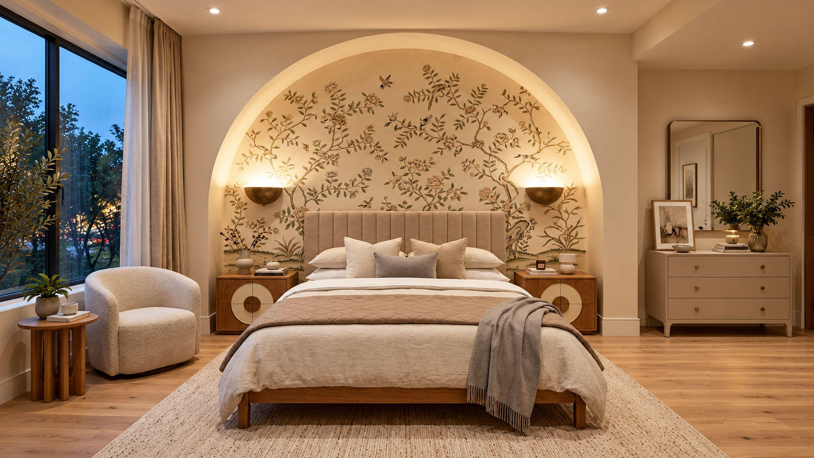 Luxury Arched Bedroom with Botanical Accent Wall design — Interior Adda Jaipur