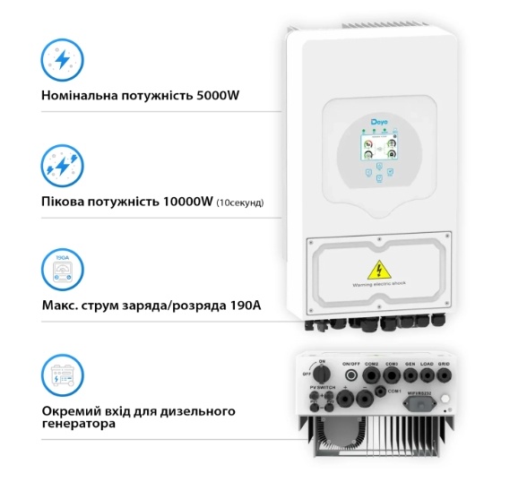 Гібридний інвертор 5 кВт для дому DEYE SUN-5K-SG04LP1 (48 В, під сонячні панелі)