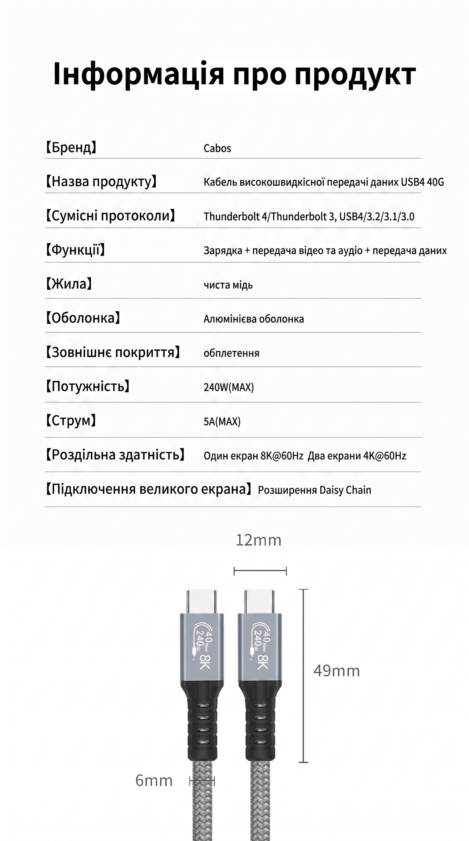 Кабель USB4 240W 40Gbps (1 м)