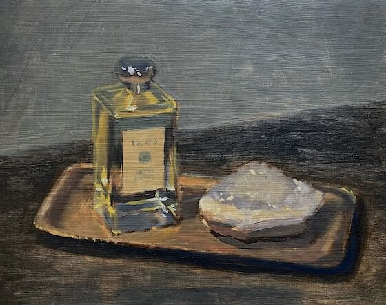 Perfume and Geode on Silver Tray