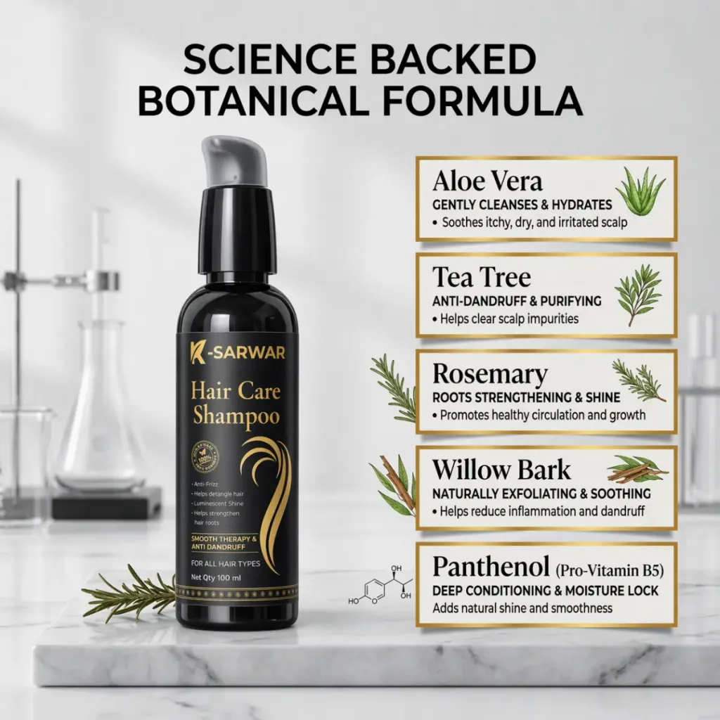 K-SARWAR Hair Care Shampoo | Anti Dandruff & Smooth Therapy | Aloe Vera, Tea Tree, Rosemary, Willow Bark & Panthenol | Anti Frizz, Strong Roots, Gentle Cleansing | For Men & Women | 100 ml thumbnail 3