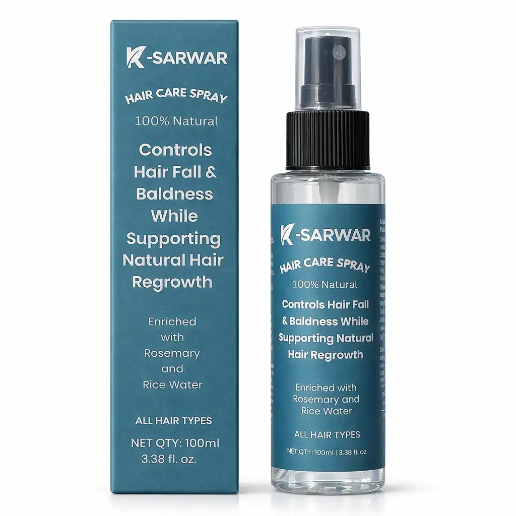 K-SARWAR Hair Care Spray – Natural Rosemary & Rice Water Hair Growth Spray | Reduces Hair Fall, Strengthens Roots & Improves Hair Density | Non-Sticky Leave-In Scalp Treatment for Men & Women | 100ml