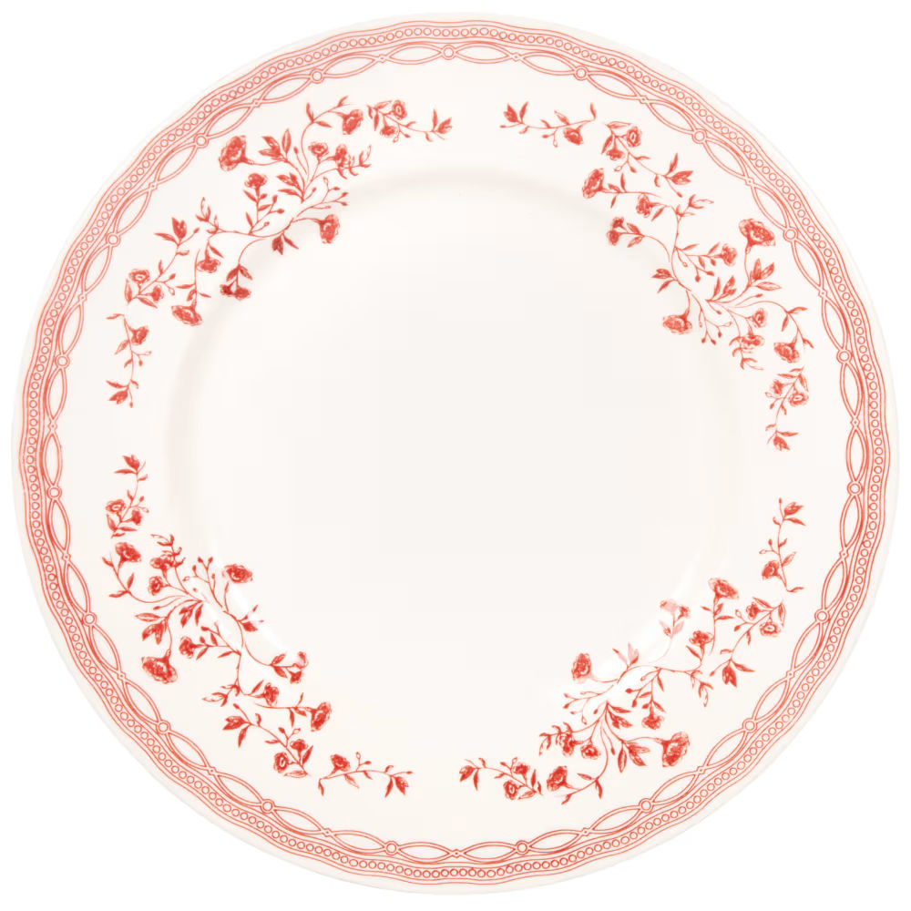 Assiette plate en céramique blanche, motifs floraux rouges, Juliette