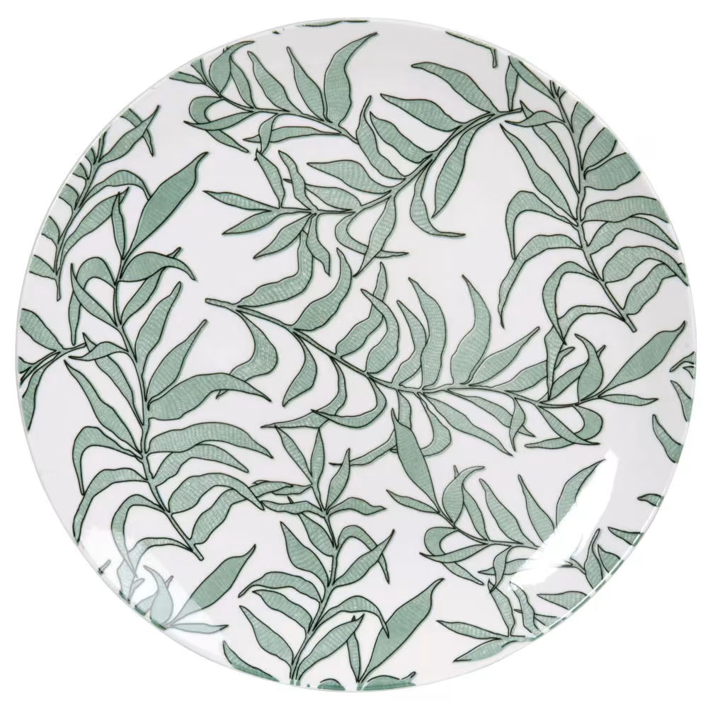 Assiette plate en porcelaine blanche, motif végétal vert, Evora