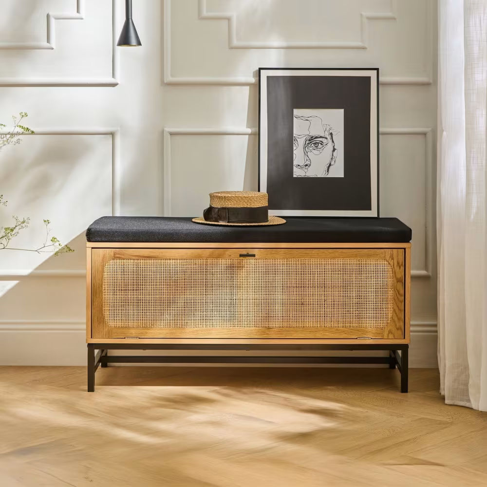 Banc d'entrée avec rangements, effet bois et façade en rotin, Jaya