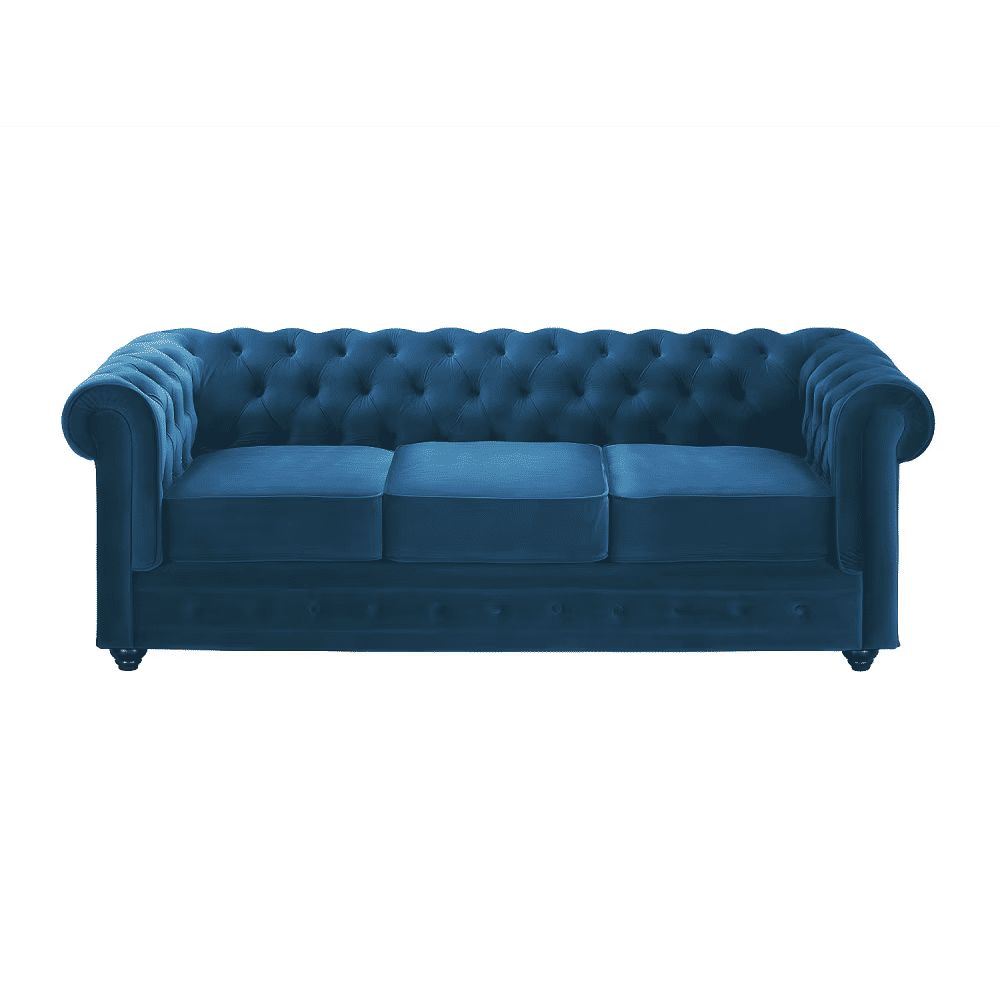 Canapé 2 places design coquillage pieds dorés velours bleu canard