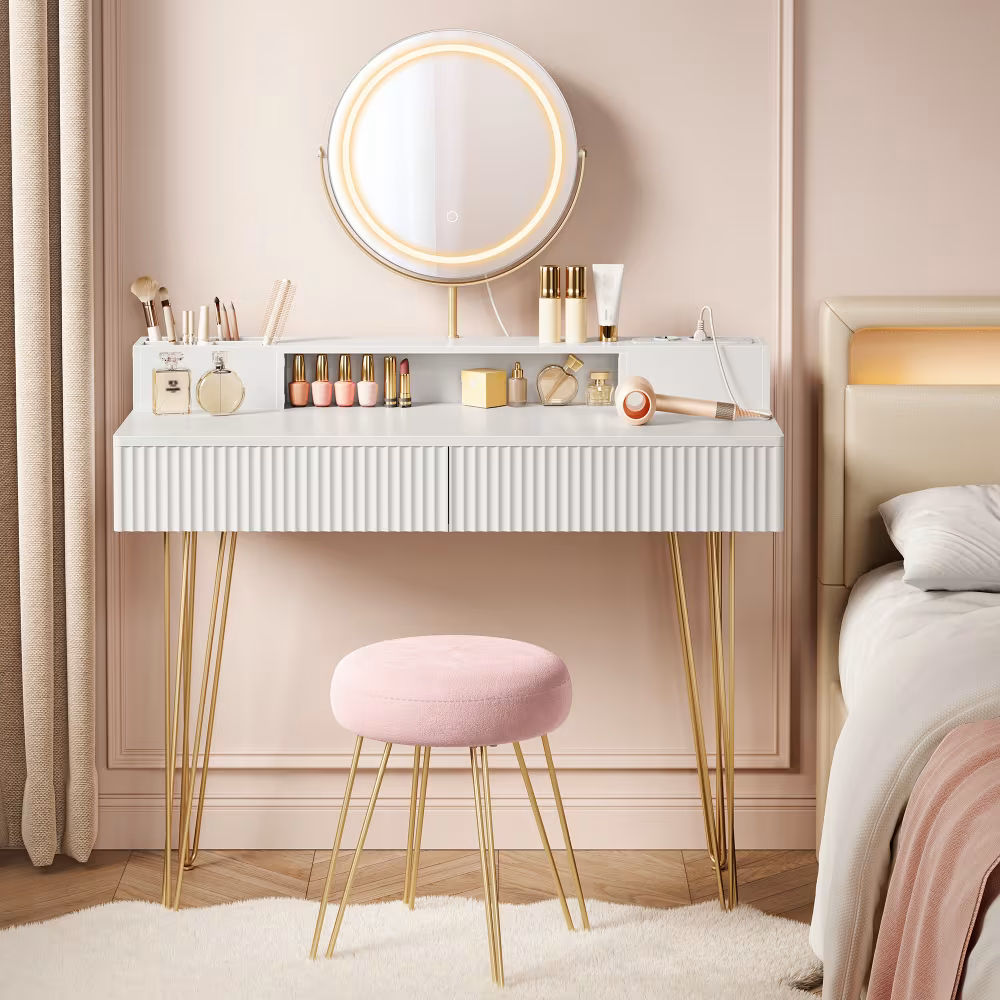 Coiffeuse avec tabouret, miroir éclairé et multiprise