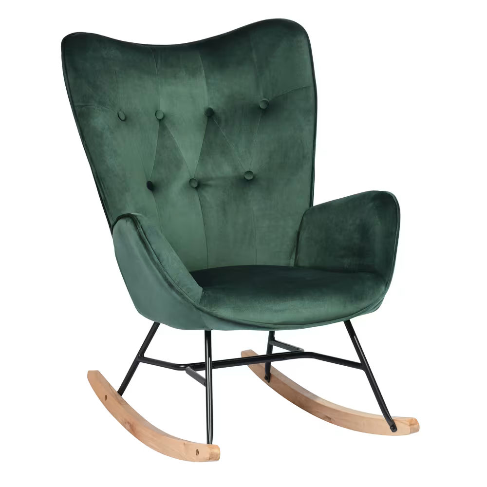Fauteuil à bascule scandinave en velours vert, pieds en bois clair