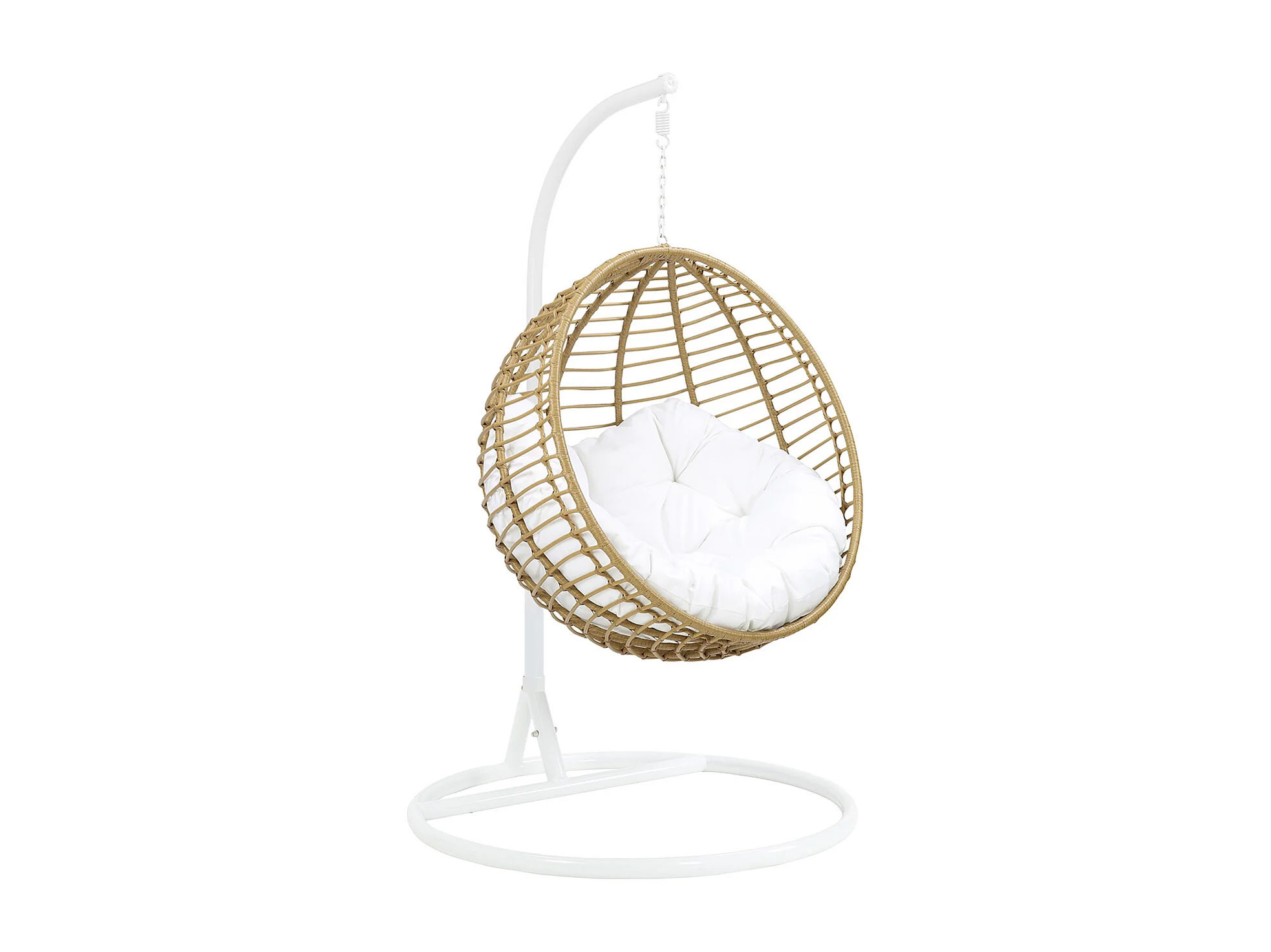 Fauteuil suspendu Bontoc en résine tressée beige, coussin blanc
