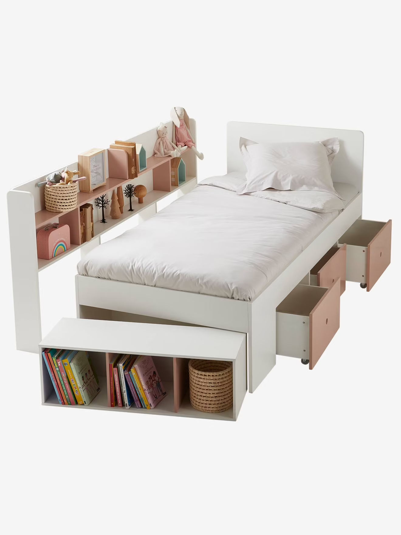 Lit plateforme avec rangements Baseo rose nude