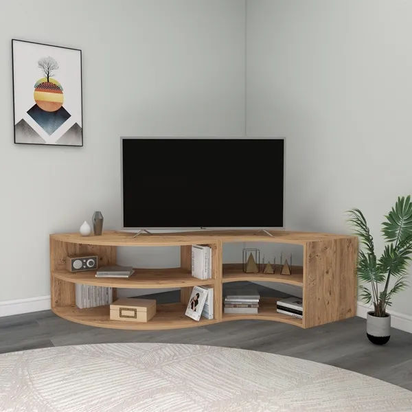 Meuble TV d'angle avec étagères, chêne