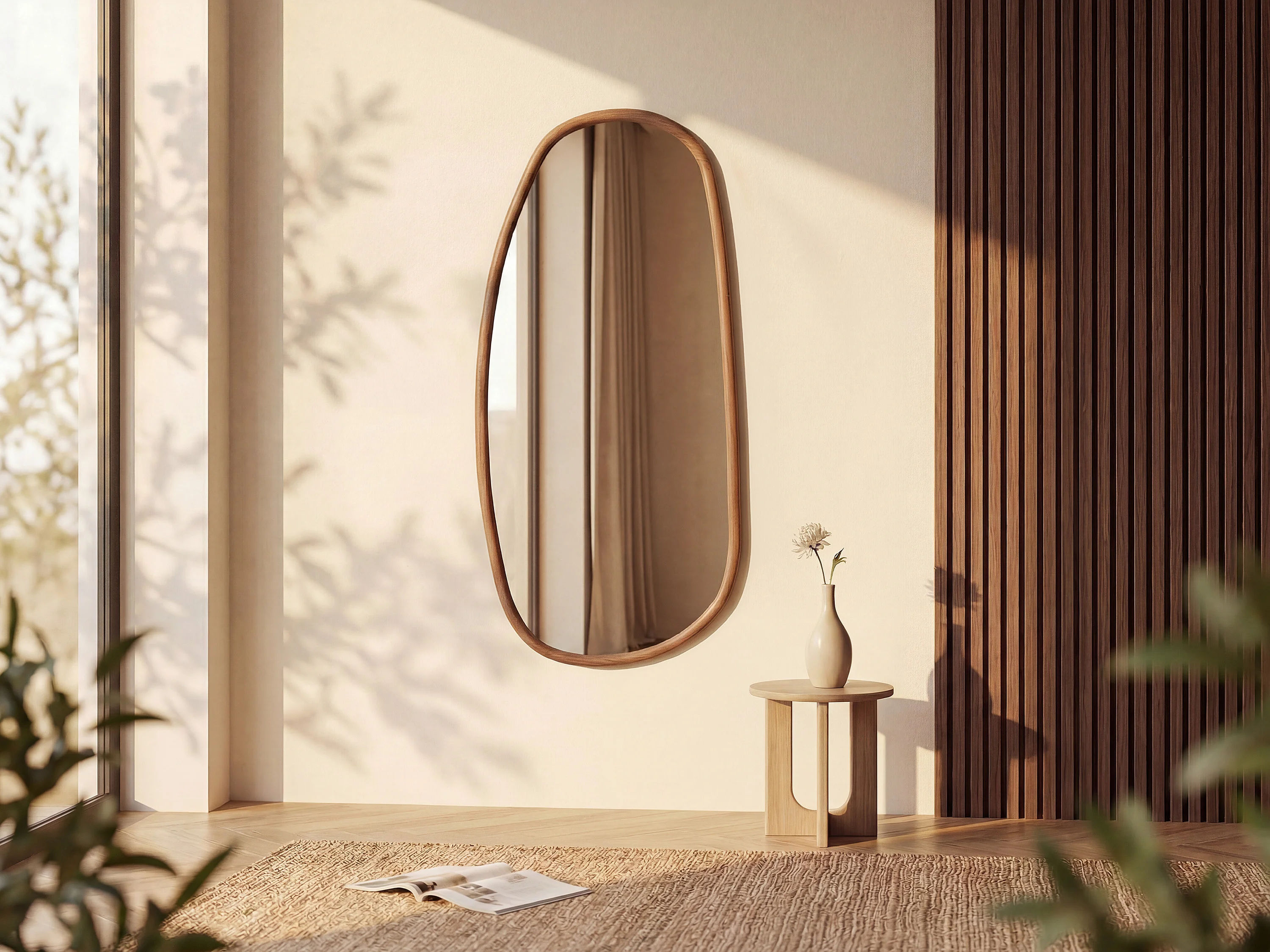 Miroir organique Meixi en bois d'hévéa, 49x100 cm