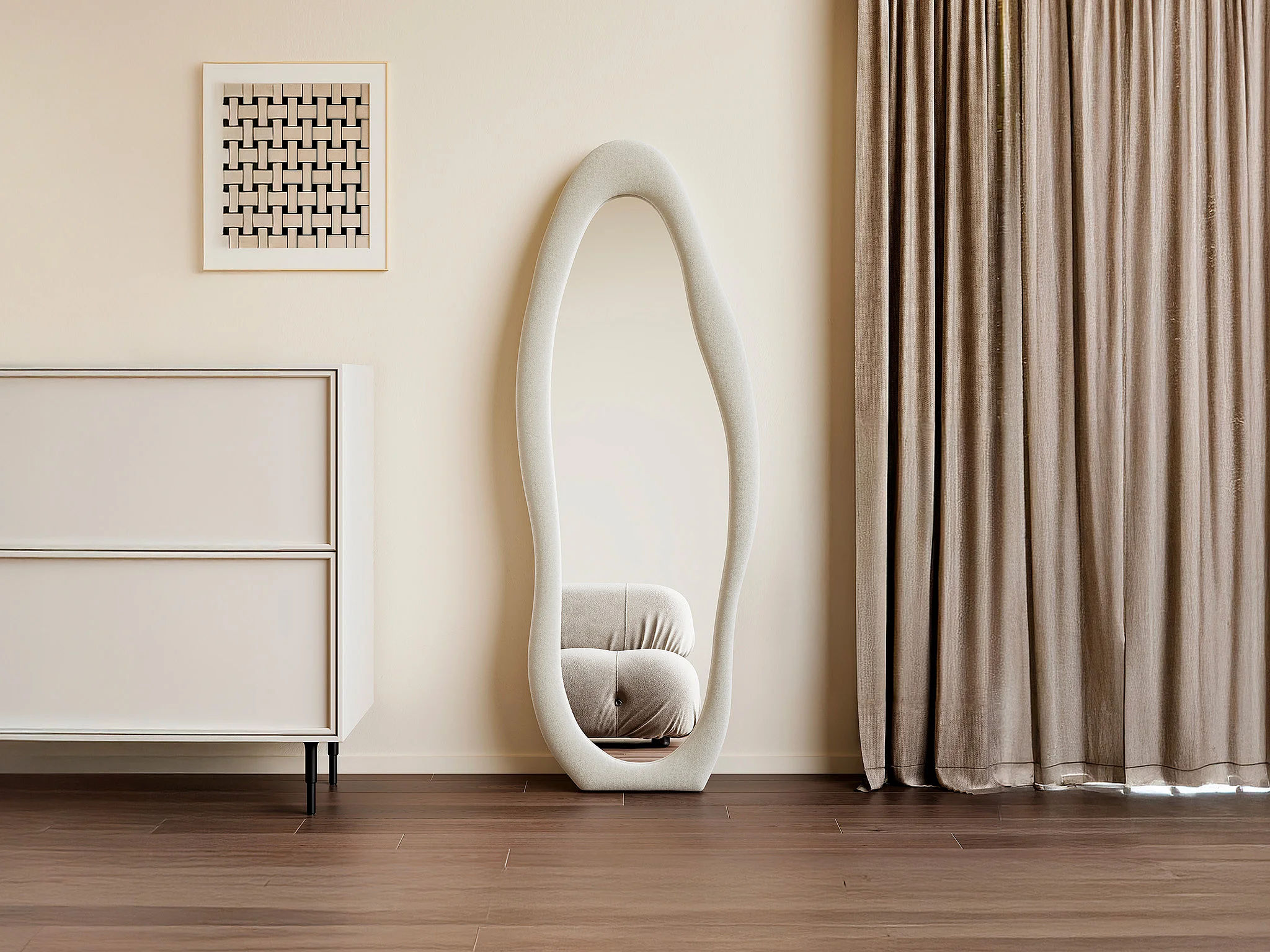 Miroir organique en velours crème Lavina, 60x160 cm