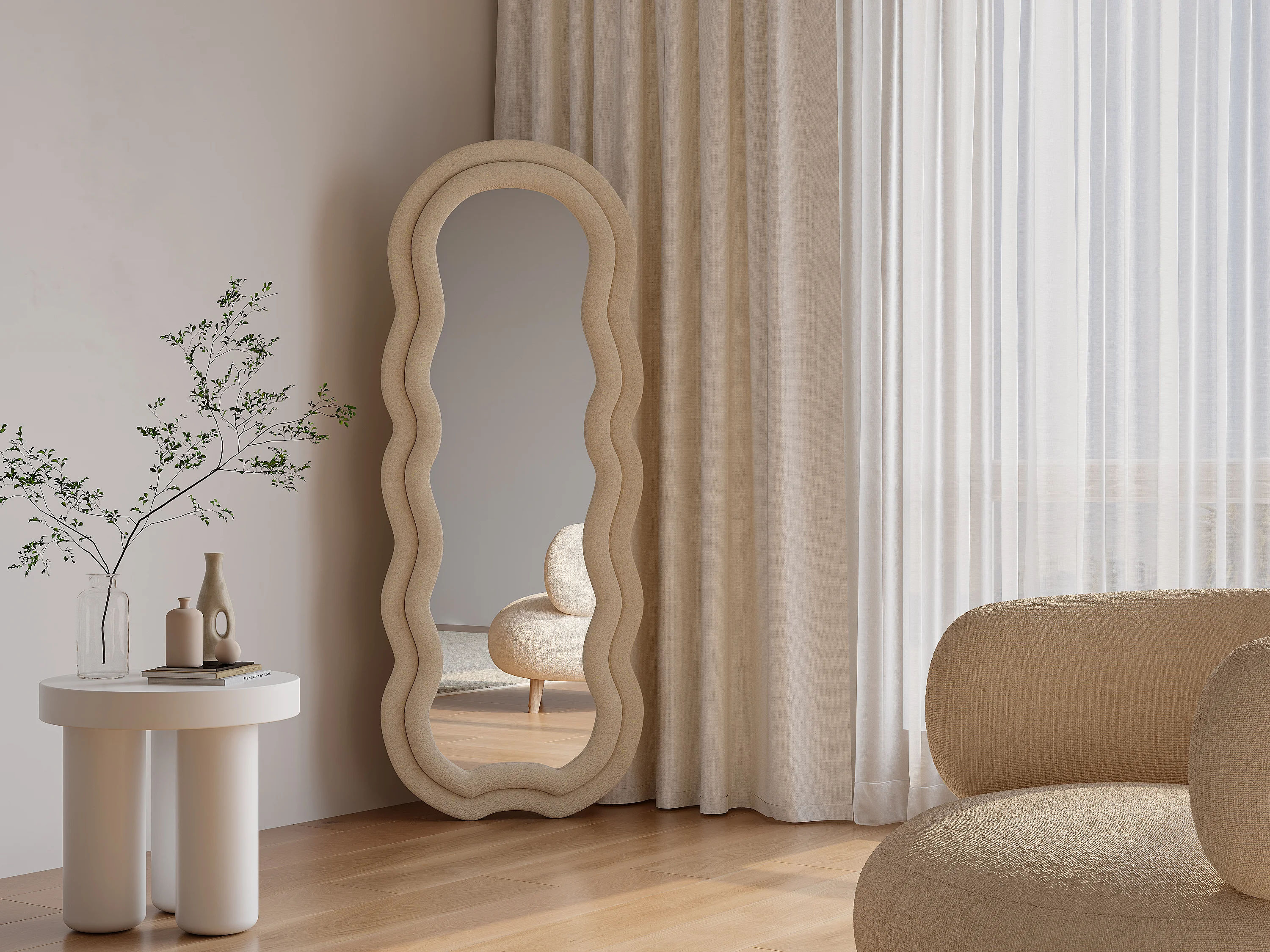 Miroir organique en velours beige Linoa, 60x160 cm