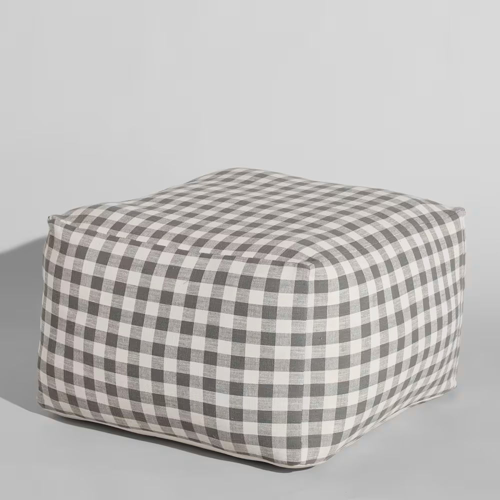 Pouf carré Basile en coton motif vichy vert et écru