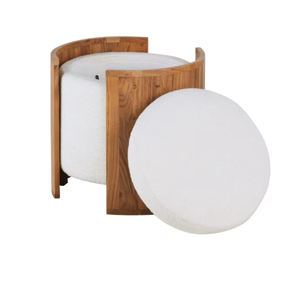 Pouf coffre Chandra en bouclettes blanches et bois d'acacia
