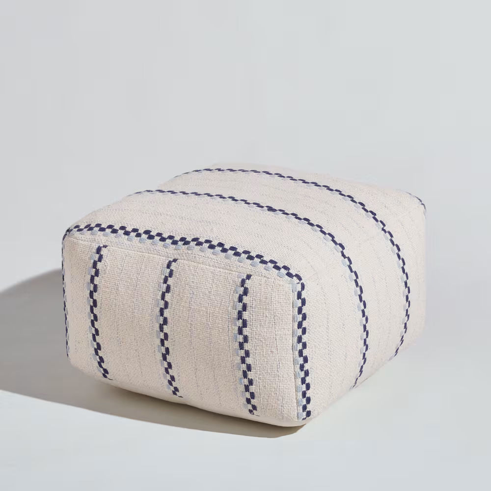 Pouf Lilia en coton rayé écru et bleu