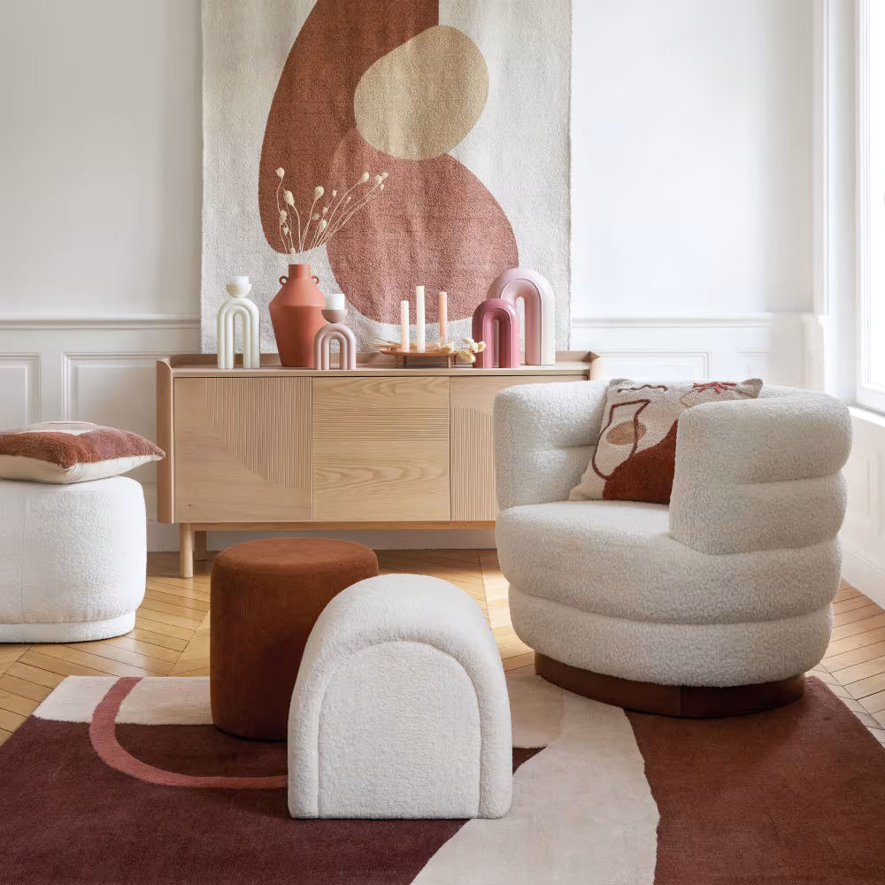 Pouf ovale en tissu effet laine bouclée Moalou