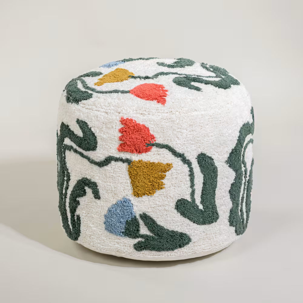 Pouf rond Flore en coton tufté à motif floral multicolore