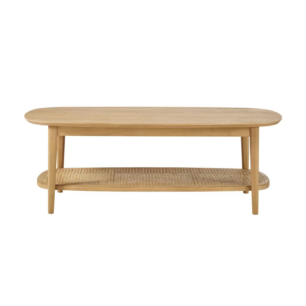 Table basse 2 plateaux en pin, cannage en rotin L115 Suzelle