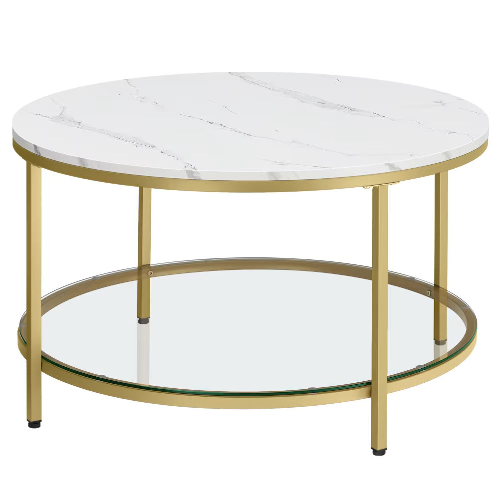 Table basse blanc effet bois, verre, acier marbre et doré métallique Binni