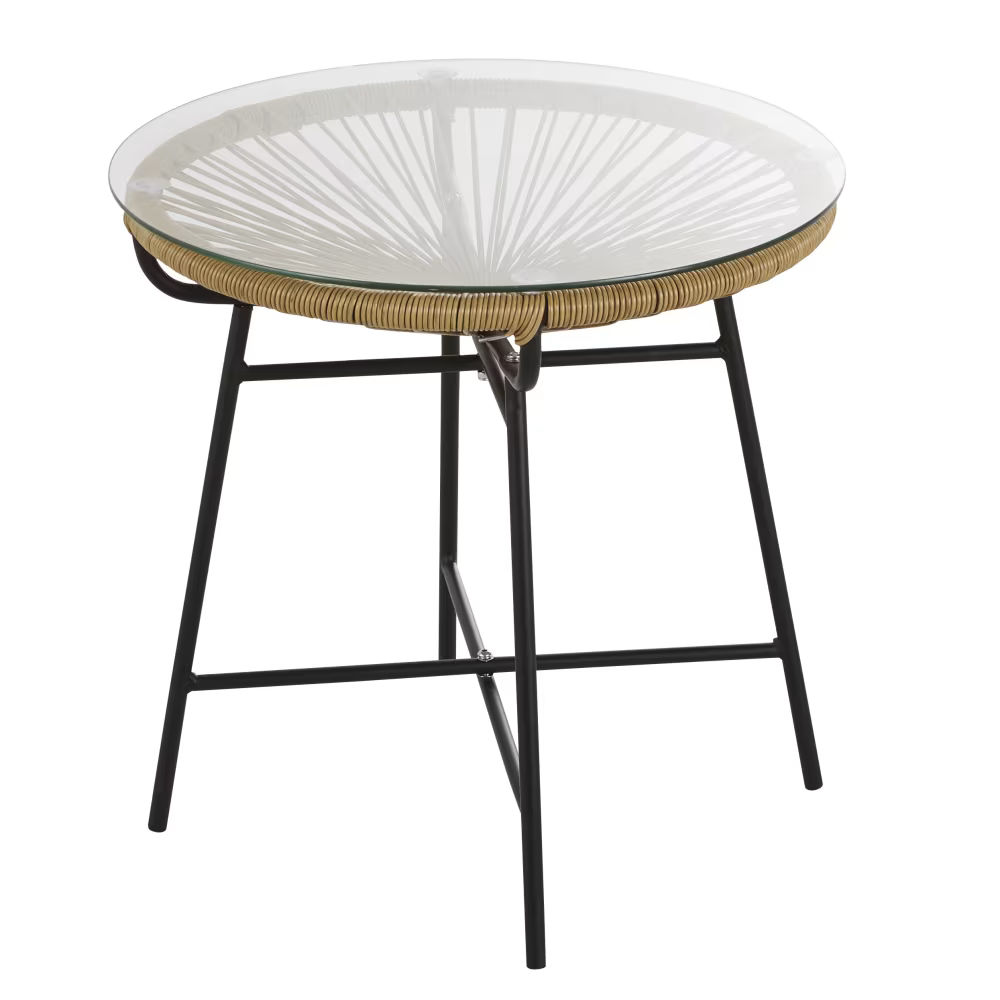 Table basse de jardin en résine recyclée imitation rotin et verre D52 Copacabana