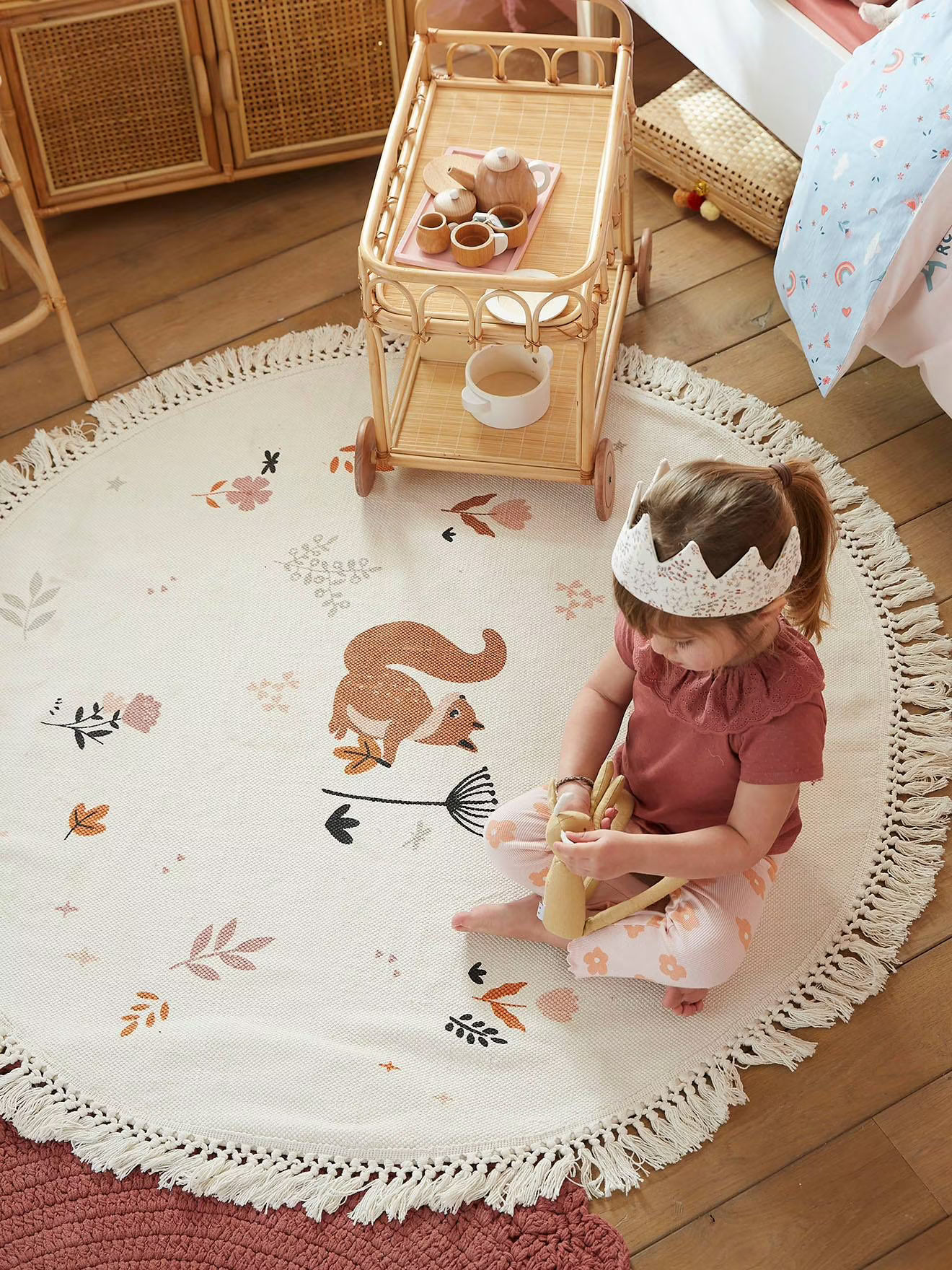 Tapis rond écureuil à pompons écru multicolore