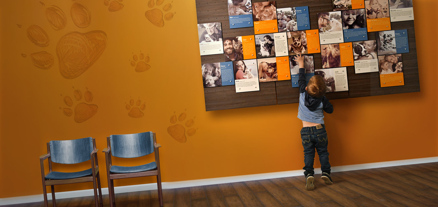 A young boy reaches up to touch a custom-designed updatable pet shelter recognition display featuring adopted dogs and their new owners.